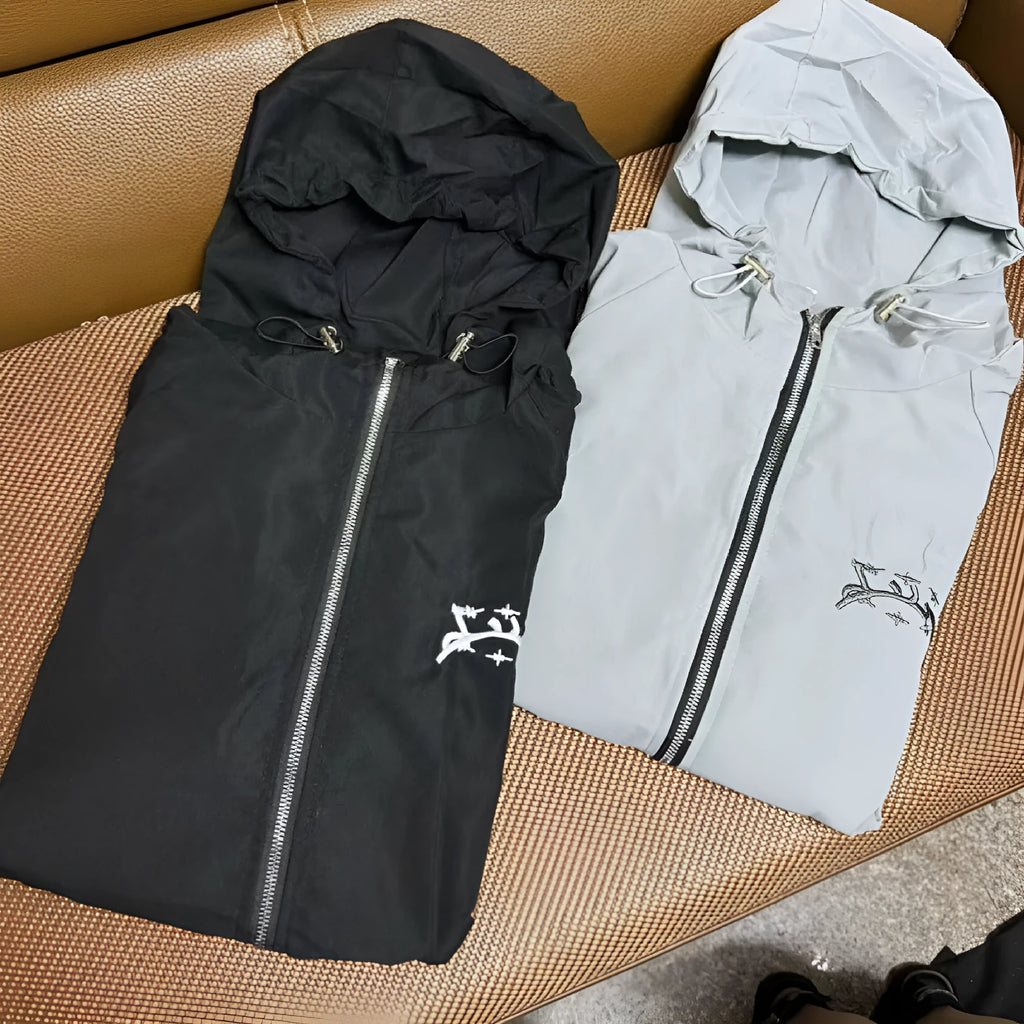 British style loose fit men's hooded sunscreen jacket in grey or black colours