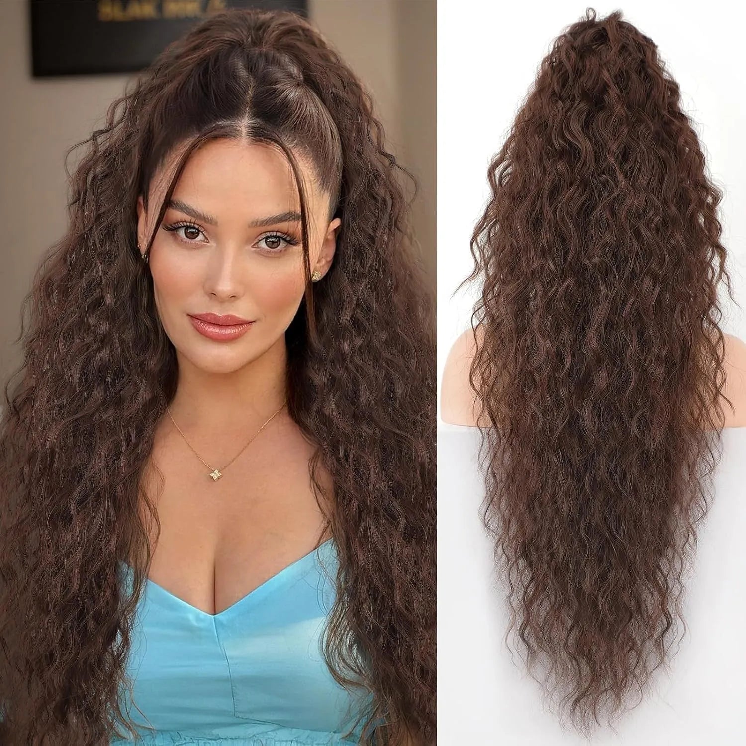 Long 30-inch curly ponytail wig in high temperature fibre for costume and cosplay.