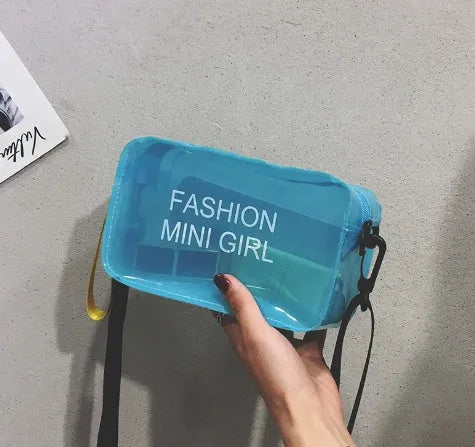 Transparent square jelly women's shoulder bag with a diagonal cross strap, shown in multiple colours.