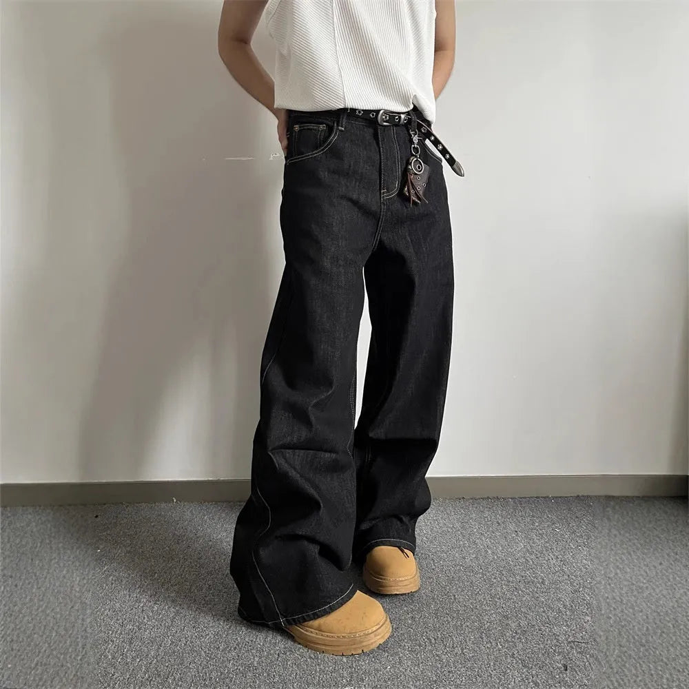 Black retro-style loose wide-leg jeans with straight-leg cut and zip placket closure