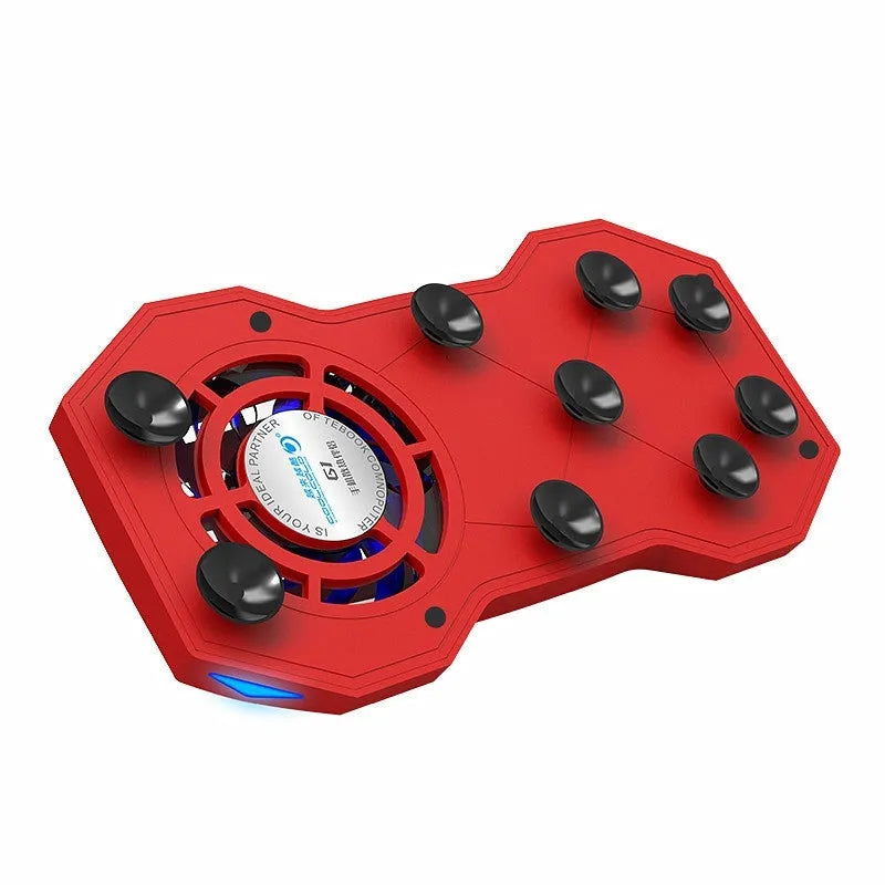 Red portable mobile phone cooling fan heat sink with USB cable on blue background