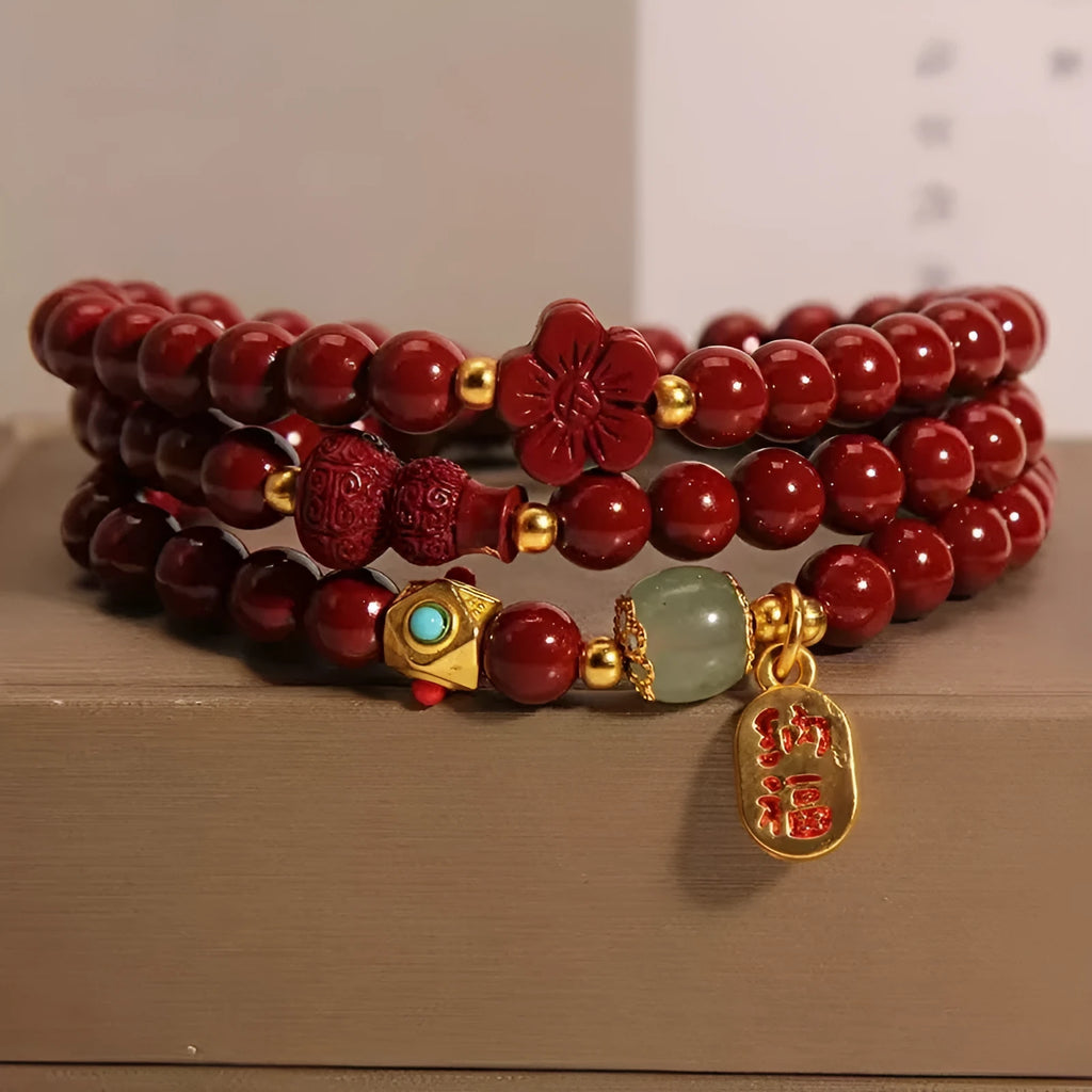 6mm cinnabar bracelet with multi-circle gourd and five petal flower Chinese design in polished finish