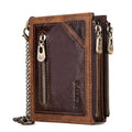 Brown men's leather wallet with chain and RFID anti-theft protection