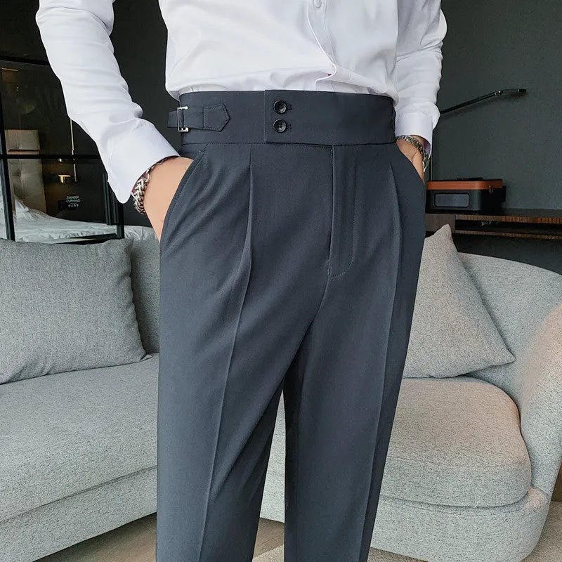 Men's straight leg polyester trousers in solid colours showing front and side views