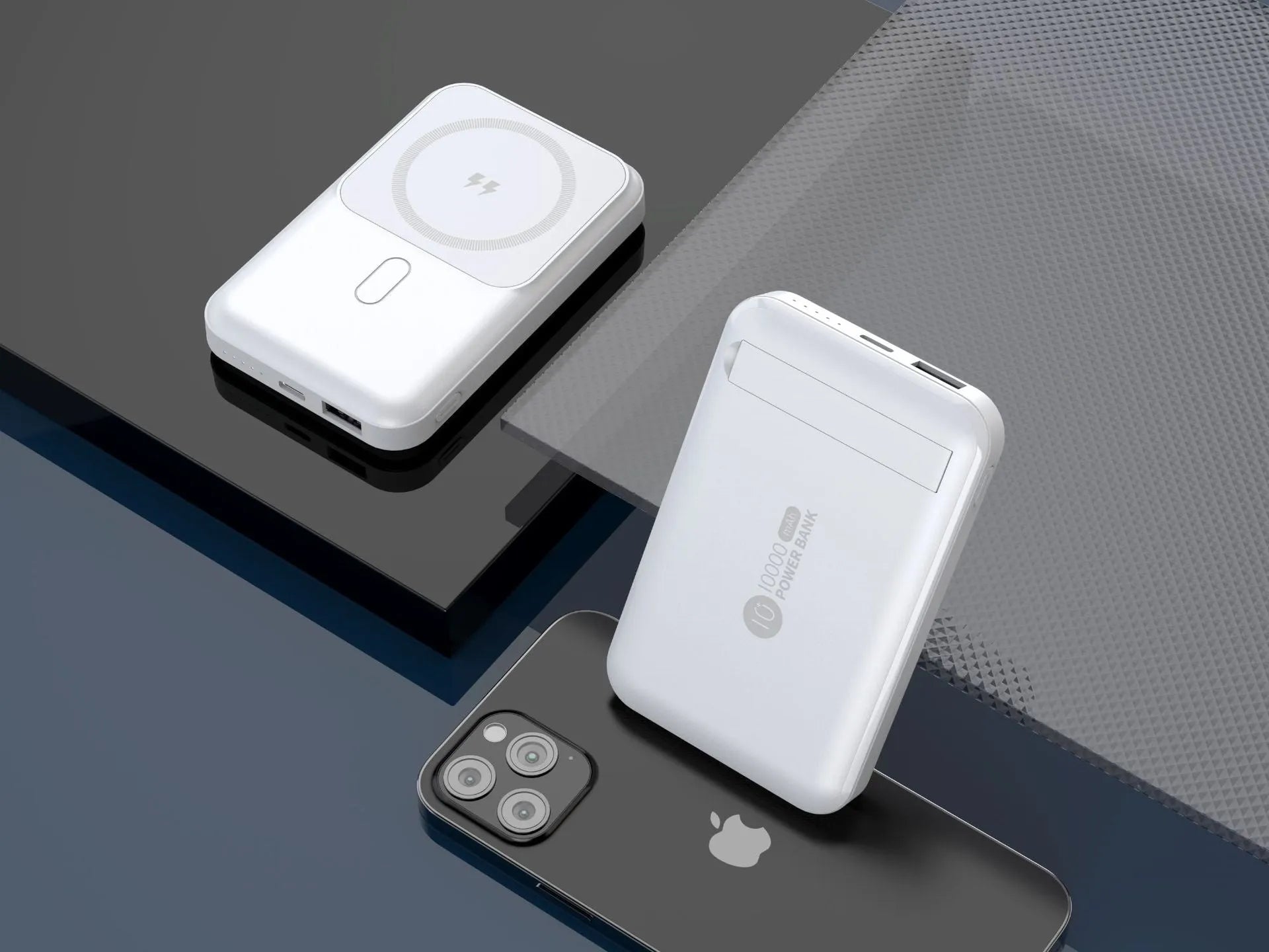 Magnetic wireless charging power bank with folding bracket showing capacity options and colour variations