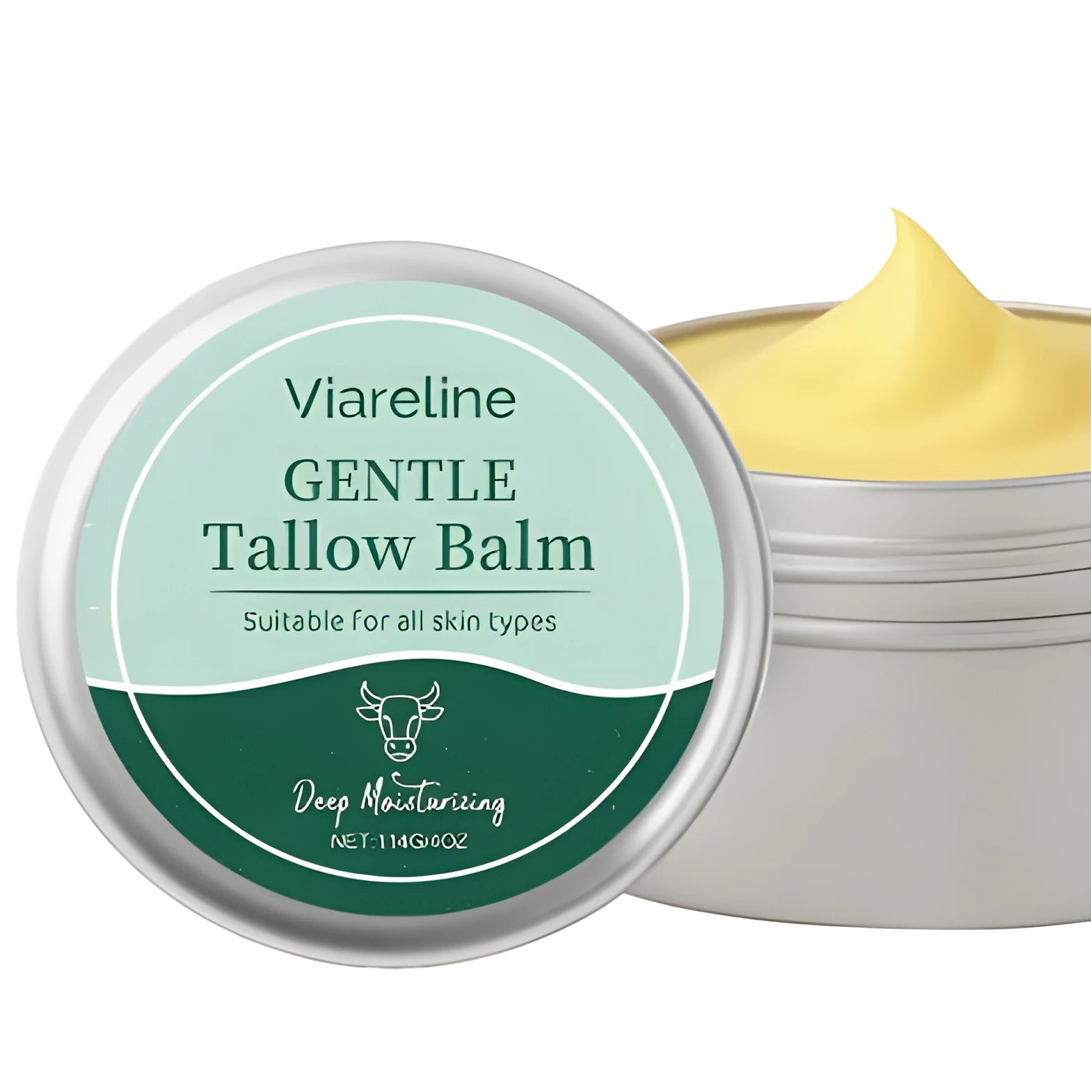 A white jar of Cow Fat Moisturising Cream, 114g, with ingredients glycerin, mineral oil, and jojoba oil.