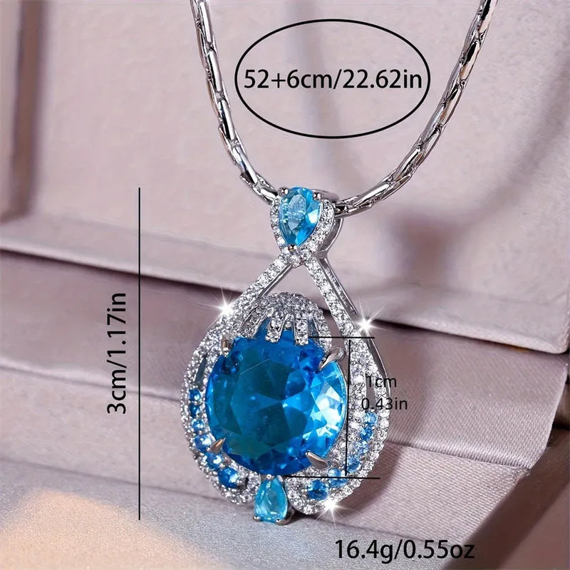 Geometric pendant necklace with blue crystal and water wave chain for women