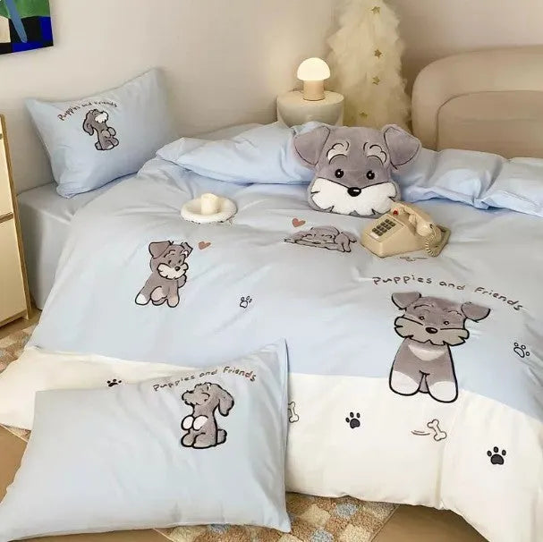 Schnauzer cartoon embroidered bedding set with quilt cover, sheet and pillowcases on bed