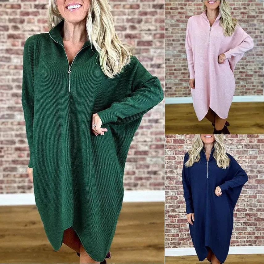 Women's solid colour knitted loose dress with raglan sleeves in trueran polyester fabric