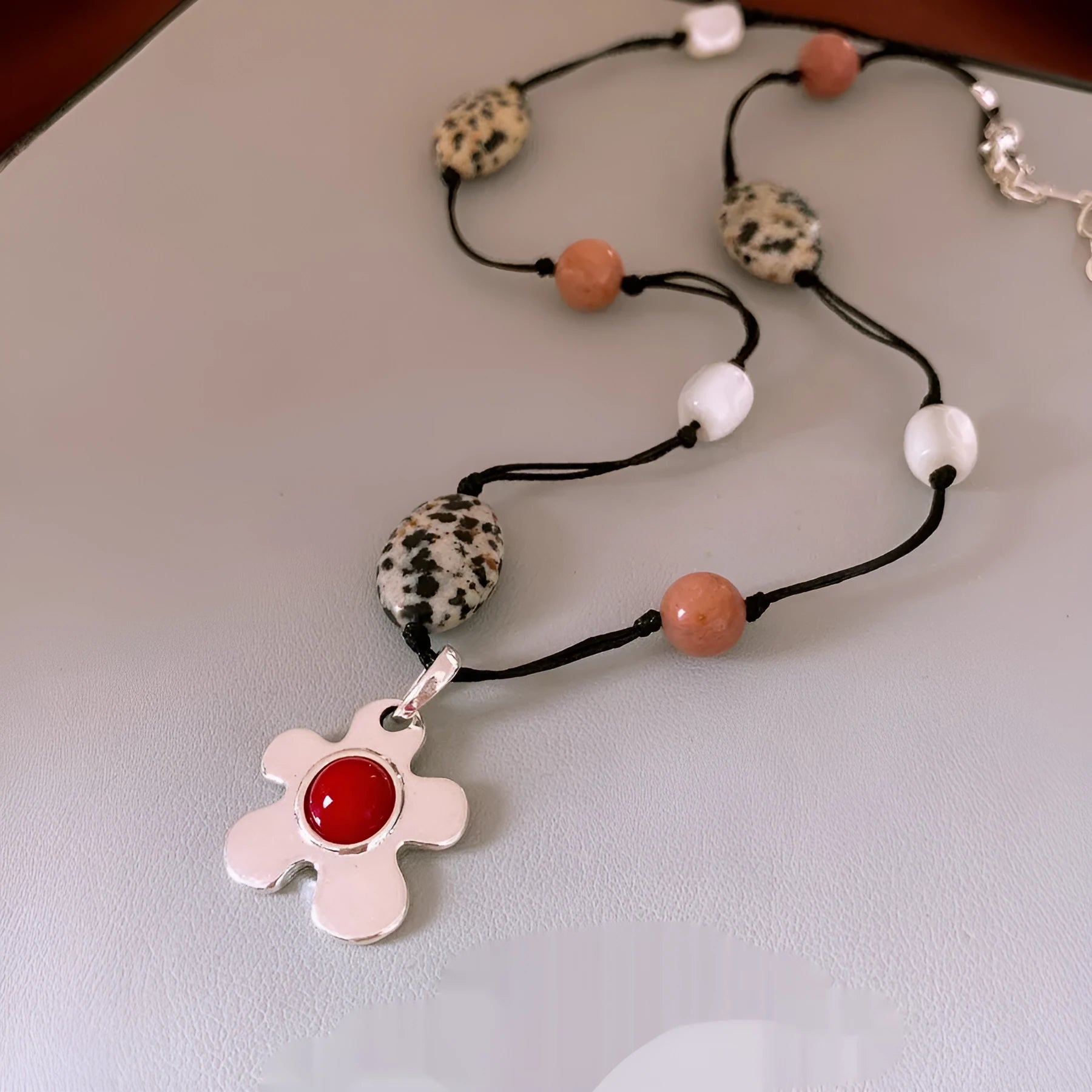 Stone shell beaded flower pendant necklace on adjustable 51-60cm chain in ethnic style