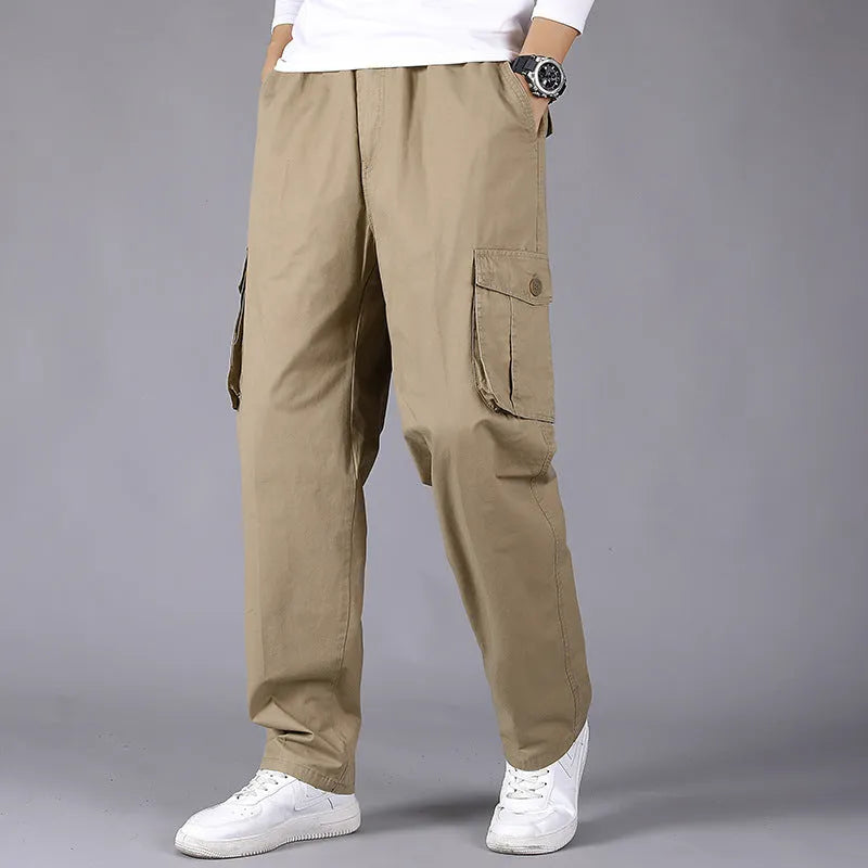 Cotton loose straight leg cargo trousers in black with multiple pockets and zip fly
