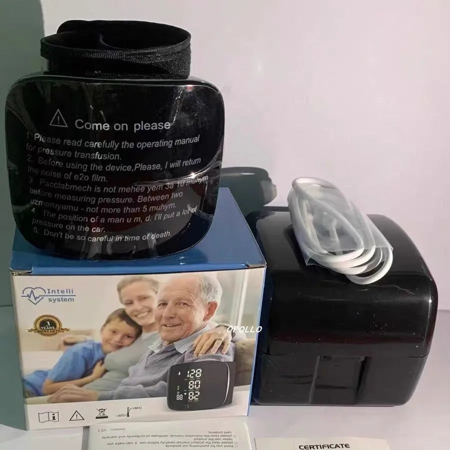 Black rechargeable wrist blood pressure monitor with digital display and cuff.