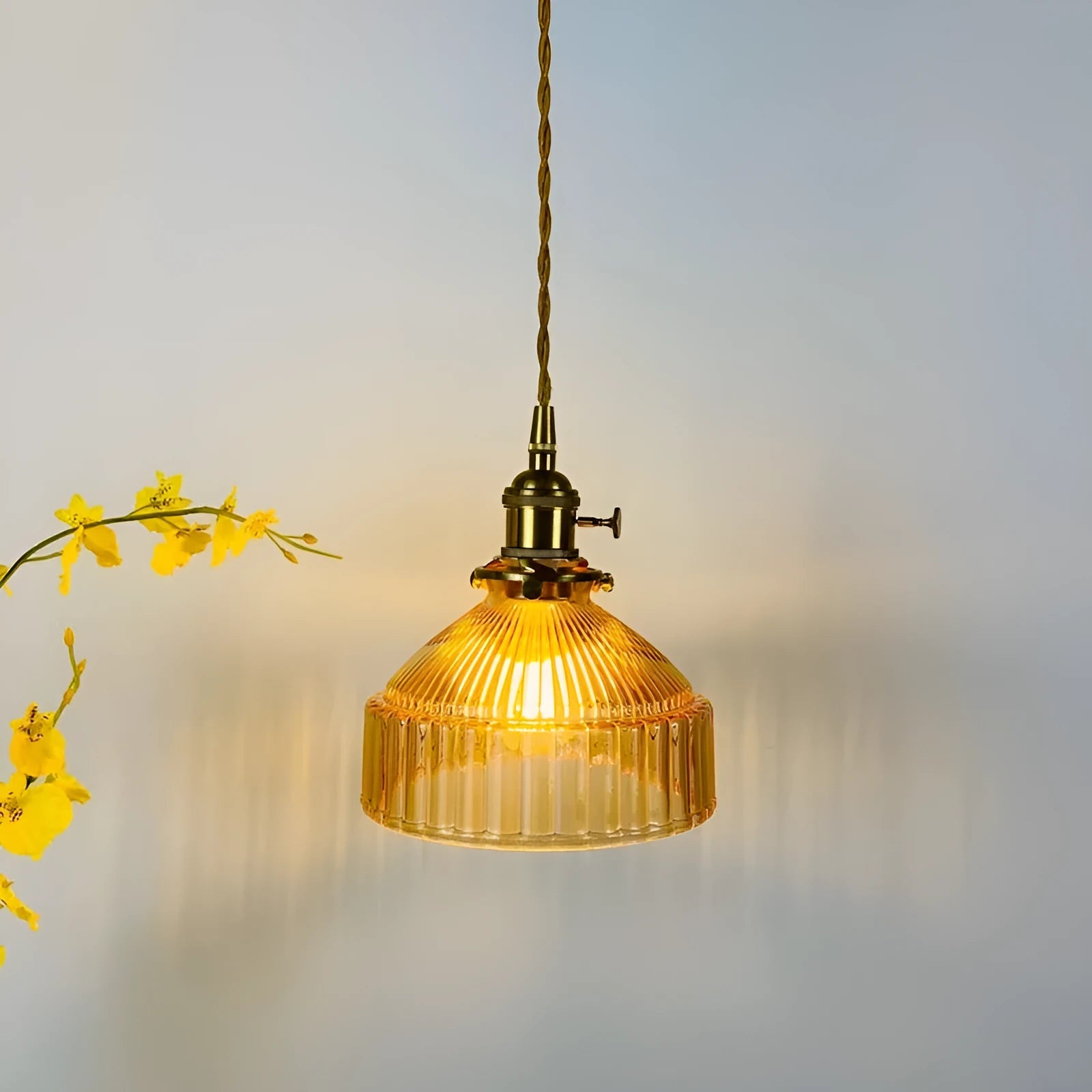 Nordic retro brass and glass chandelier with adjustable suspension and coloured glass shade