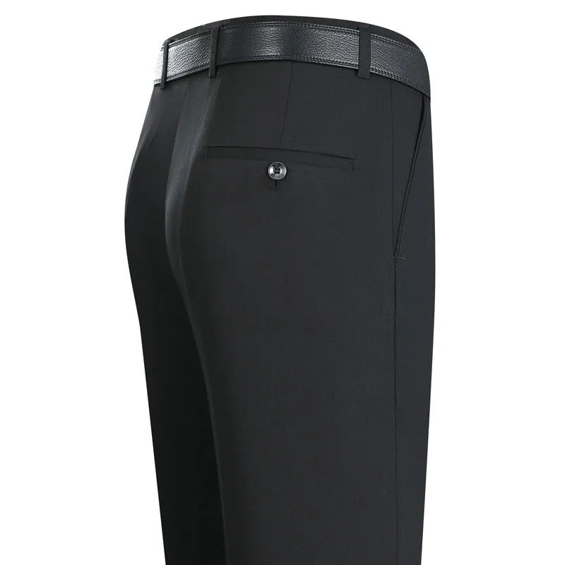 Men's straight-cut business trousers in dark blue with high waist and non-ironing construction