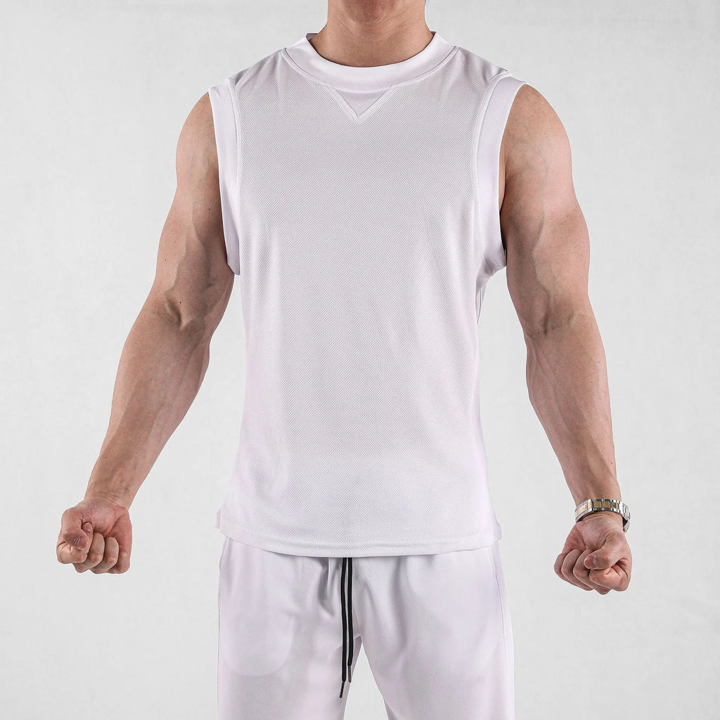 Men's loose fit sports vest in black and white colours showing soft fabric texture