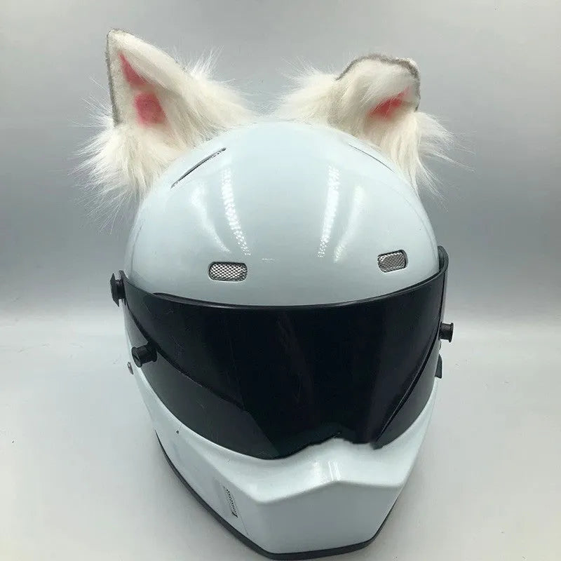 Set of detachable animal ears and tail ornament for motorcycle helmet, shown in black and white wolf design.
