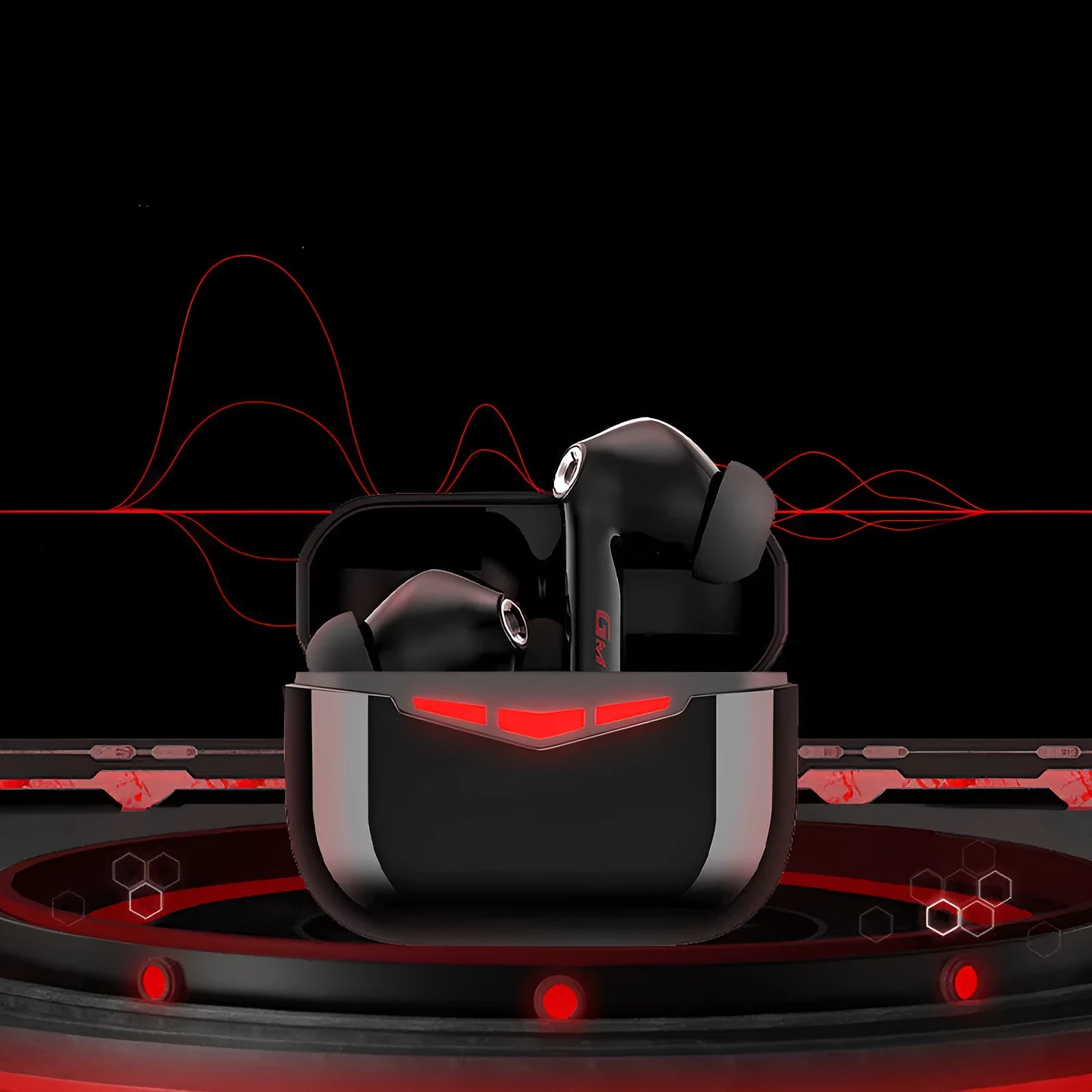 True wireless gaming earbuds and compact charging case in black, shown with silicone earmuffs.