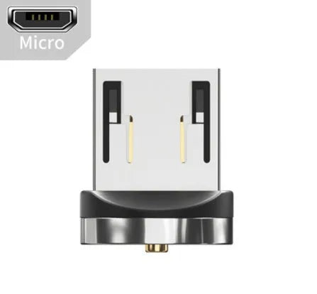 Essager black magnetic USB cable with 360-degree rotating head and blue LED light, shown with Micro USB, Lightning, and Type C tips.