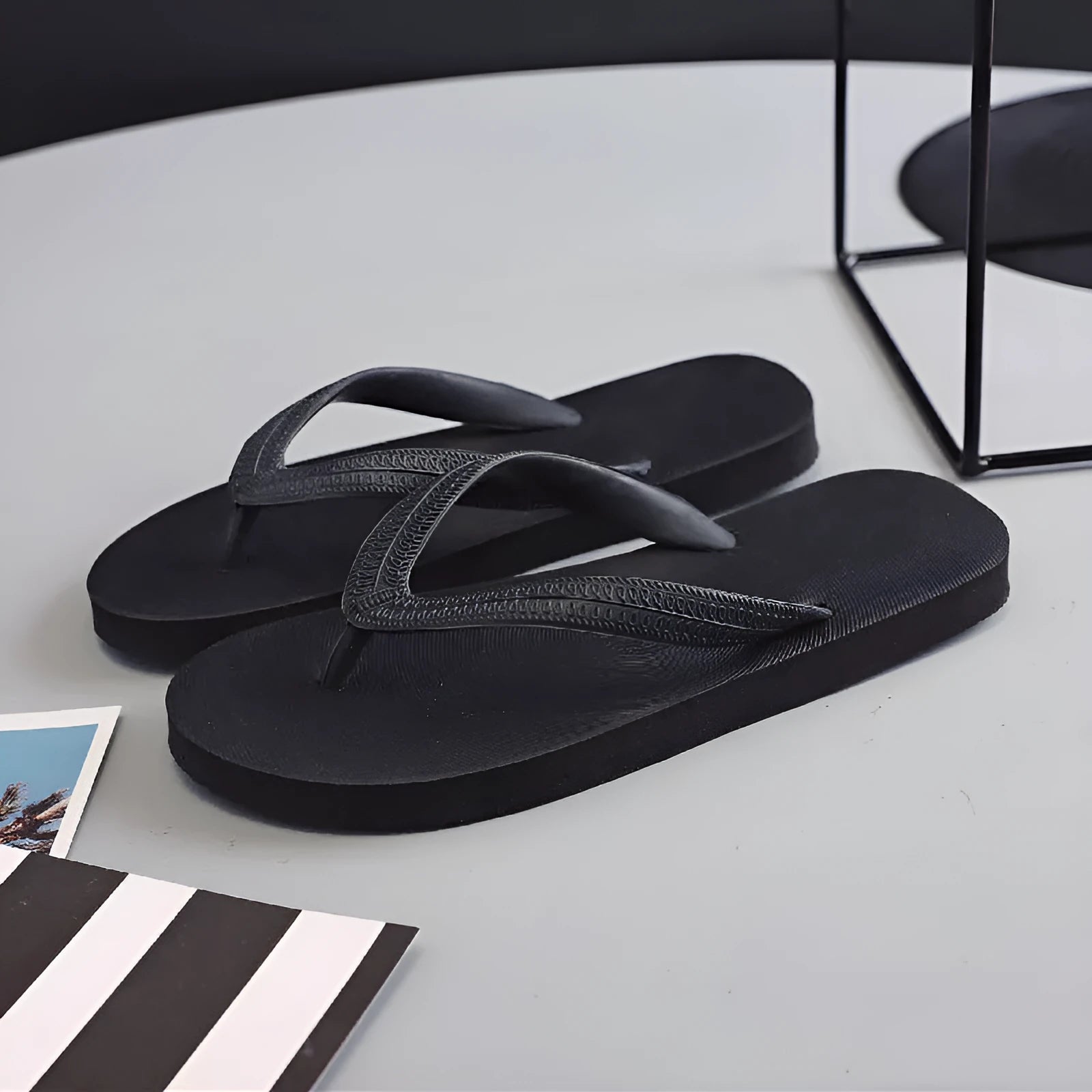 Fish label flip-flops with non-slip rubber sole in green, red, blue, or black colours