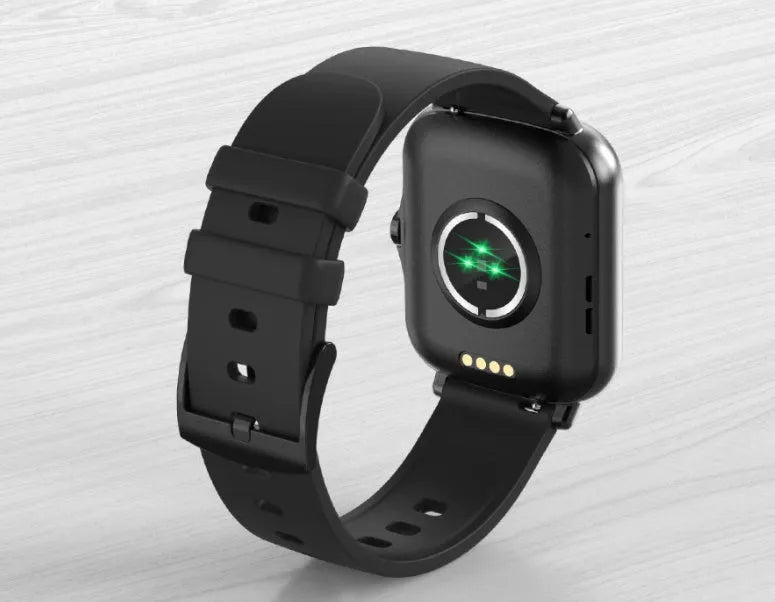 Smart watch with 1.7-inch colour touch screen showing fitness data, available in black, blue, or gold with adjustable strap