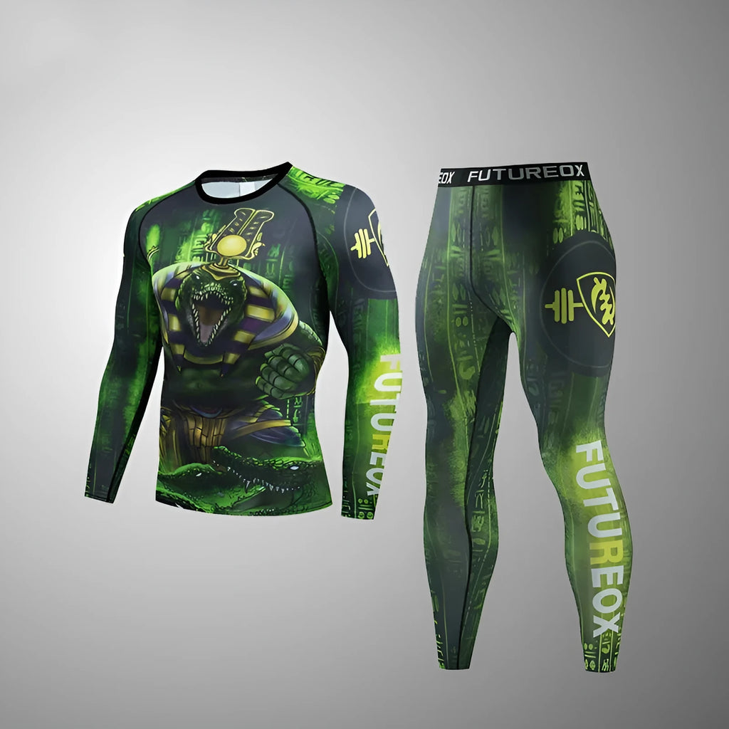 Men's slim-fit long sleeve sports top and trousers set in dark colour for outdoor fitness.