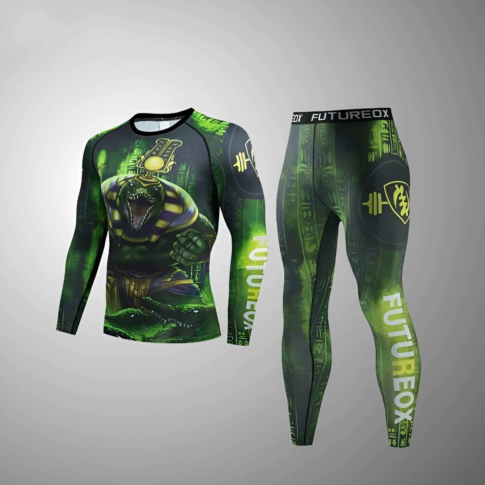 Men's slim-fit long sleeve sports top and trousers set in dark colour for outdoor fitness.
