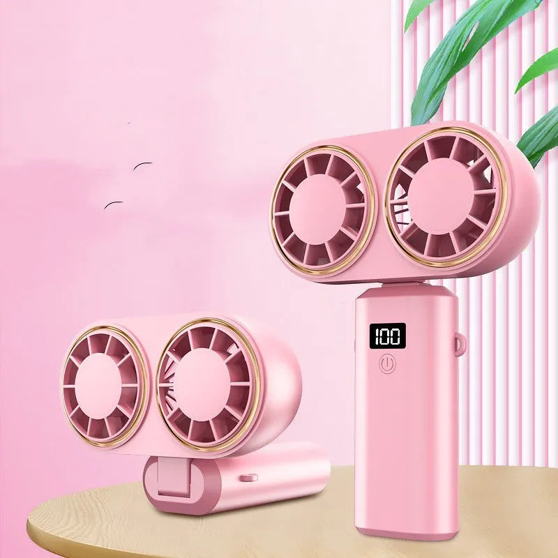 Handheld portable fan with folding neck, digital display and USB charging port