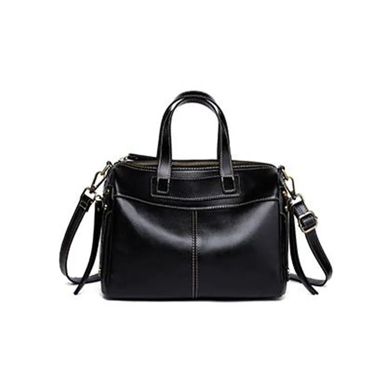 Genuine leather shoulder bag for women in classic black first layer cowhide with sewing line detail