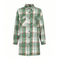 Women's lapel plaid long sleeve shirt jacket in blue, cardigan style, polyester fabric