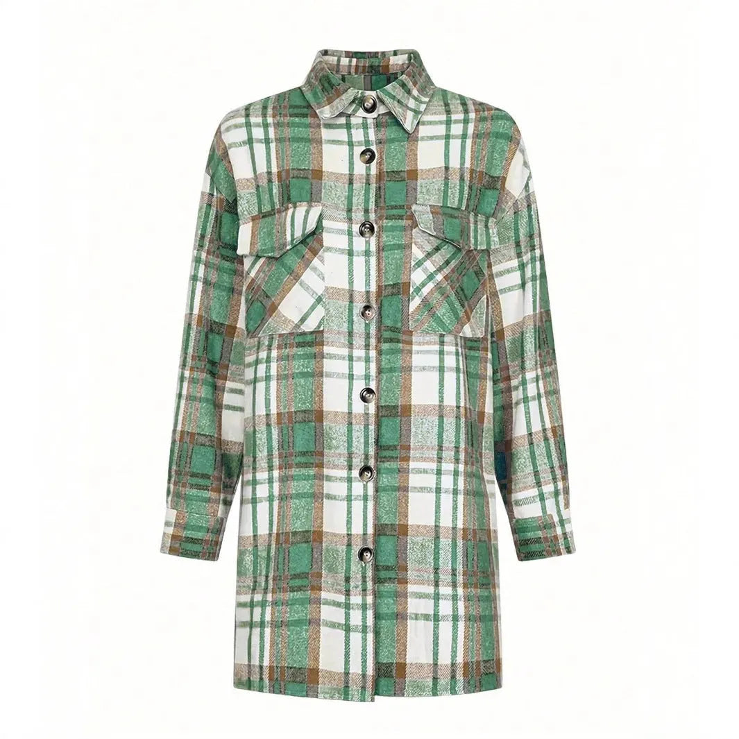 Women's lapel plaid long sleeve shirt jacket in blue, cardigan style, polyester fabric