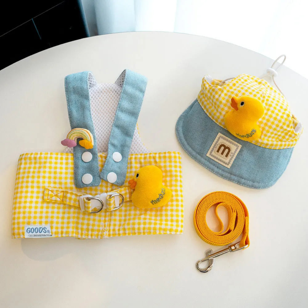 Three-piece pet harness and leash set with matching cute hat for cats and dogs