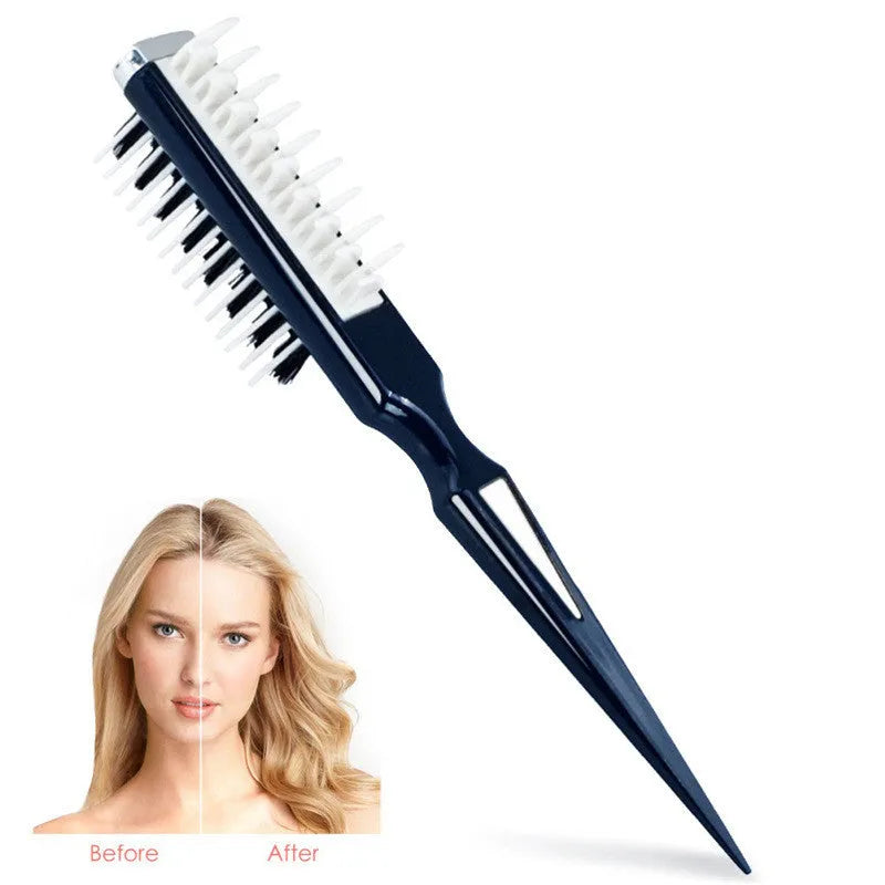 Black hair volumizing comb with natural boar bristles and shark-shaped fins on white background