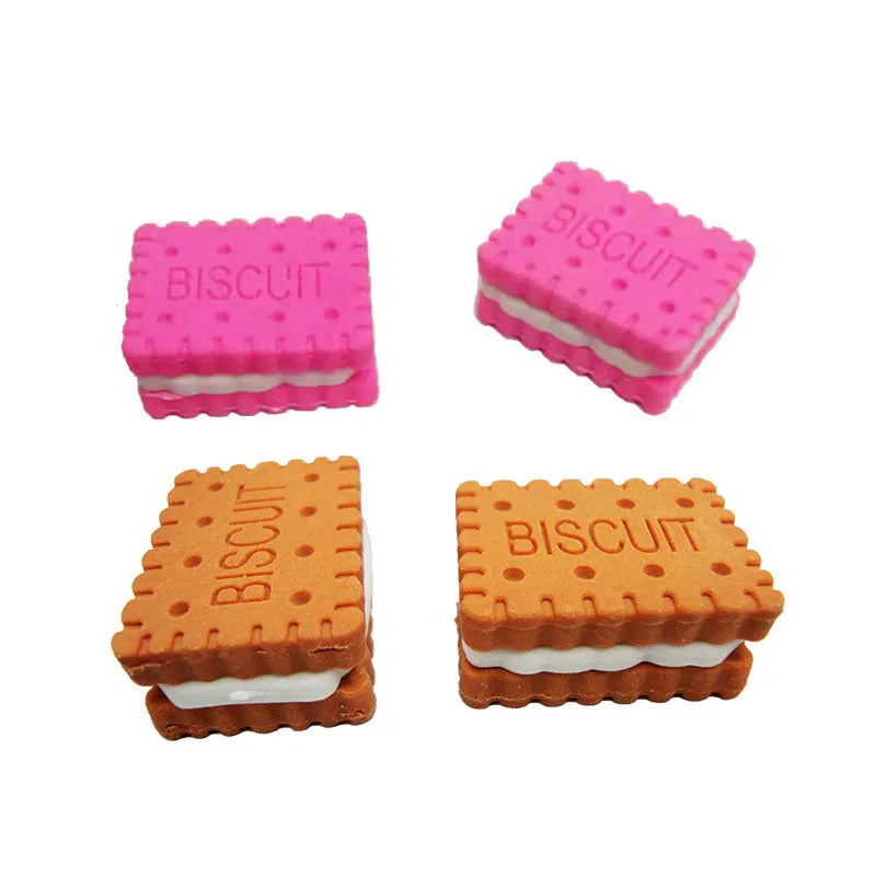 Sandwich biscuit shape eraser in brown, pink, green, or purple colour on a cake.