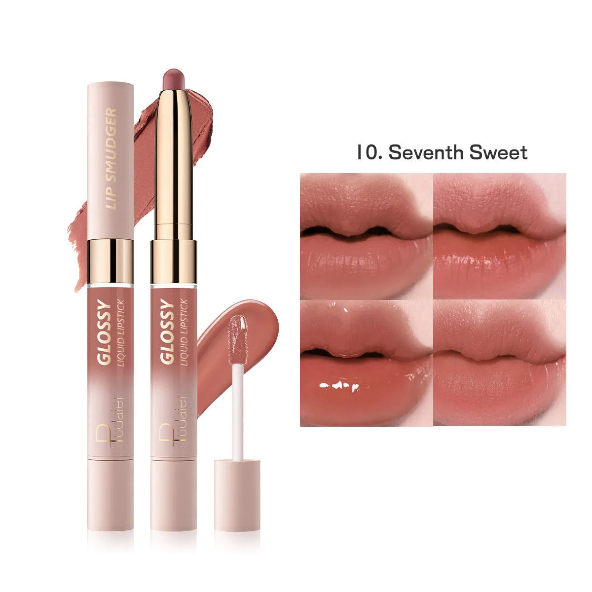 Double-headed lipstick and lip gloss product showing matte and glossy ends in one of ten available colours.