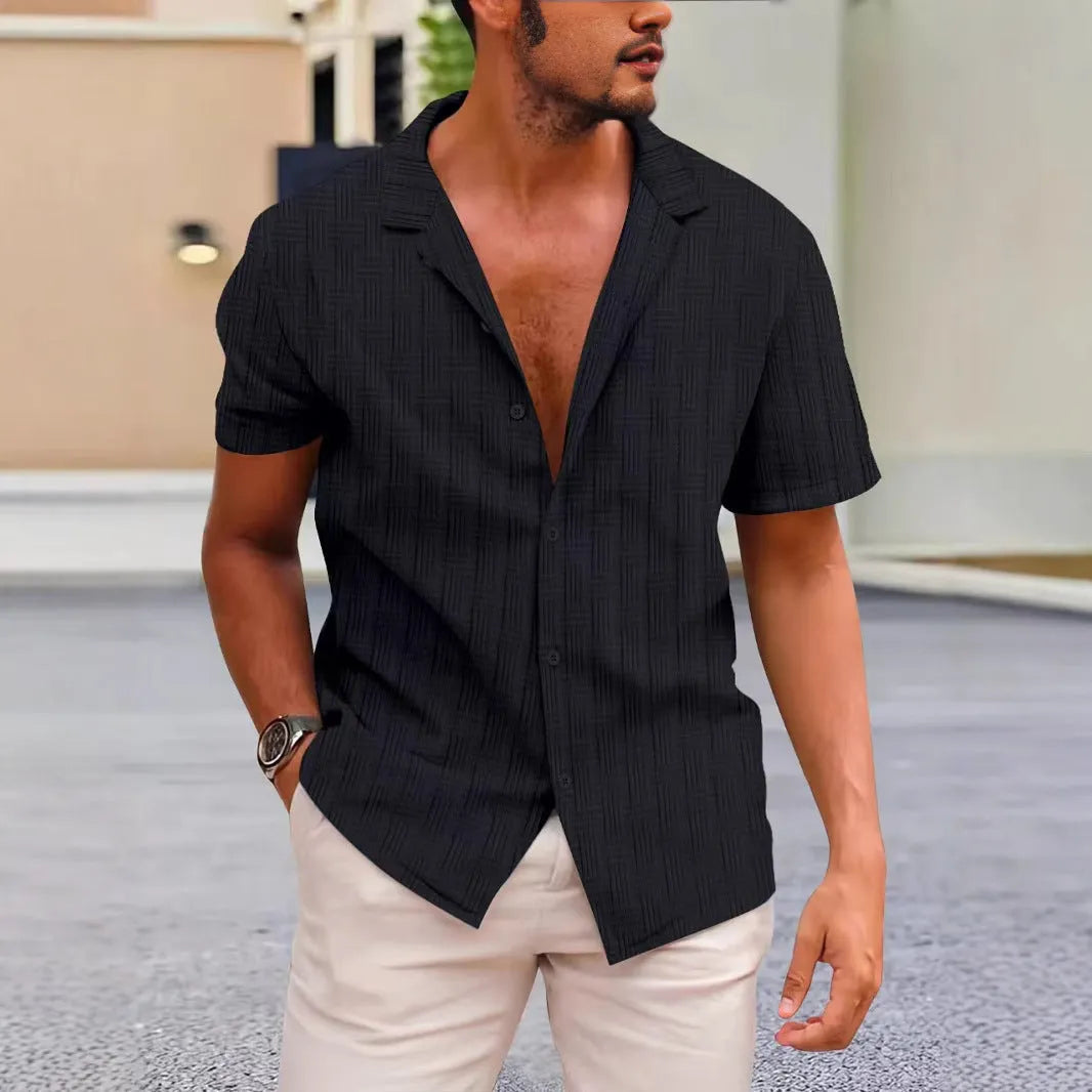 Men's apricot corduroy short sleeve button-up shirt with a British cardigan style on a hanger.