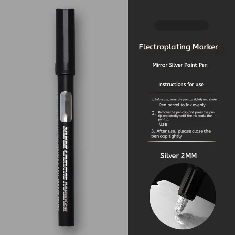 Waterproof mirror marker pen with plastic shell, shown with 1mm and 2mm tip options for glass writing.