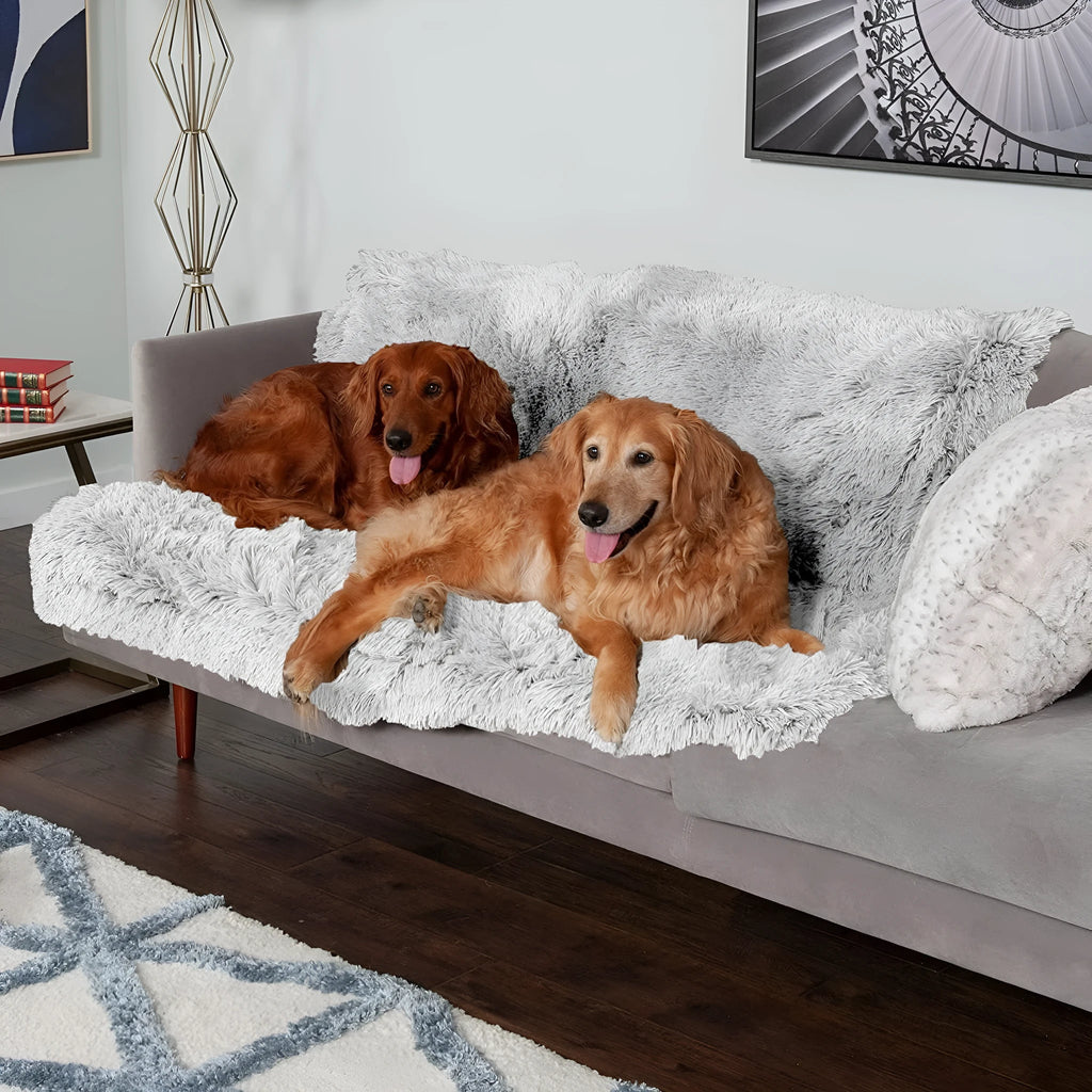 Plush waterproof double layer thickening dog cushion in dark grey colour showing size comparison