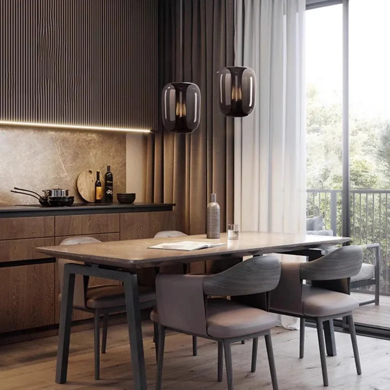 Minimalist Nordic glass chandelier pendant light in clear, cognac, or smoky grey, 16cm wide.