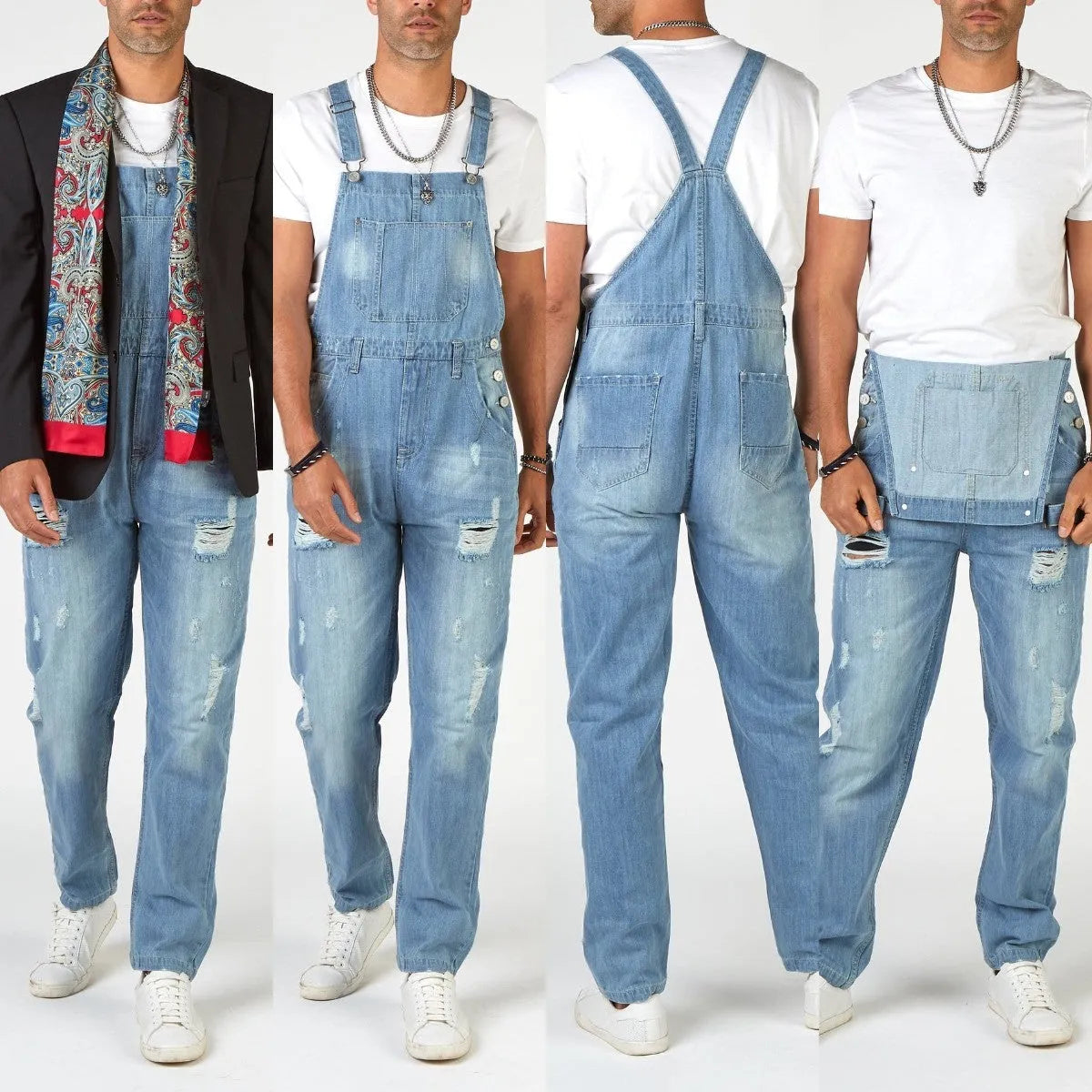 Light blue ripped denim suspender jeans for men on a hanger, showing high waist and button fastenings.