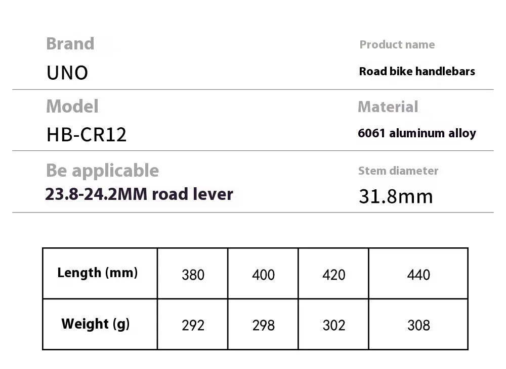 Black aluminium alloy road bike drop handlebar with UNO printing marks showing multiple width options
