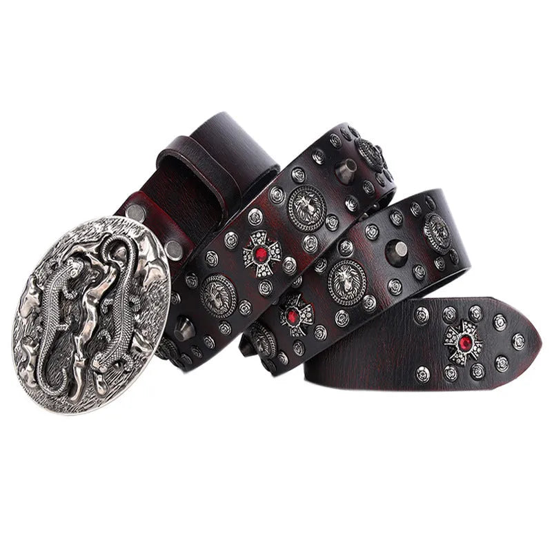 Men's black genuine leather belt with punk rivet detailing and a silver alloy smooth buckle.