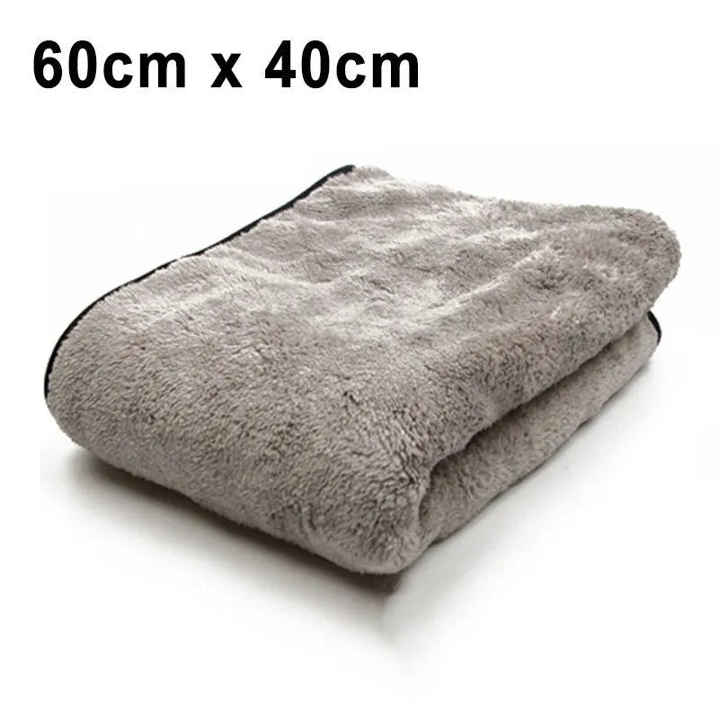Microfiber car wash and detailing towel shown in three size options: 75x35cm, 60x40cm, and 100x40cm.