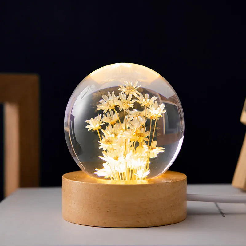 Dandelion in transparent resin crystal ball on beech wood base, with button switch and USB cable, 60mm size