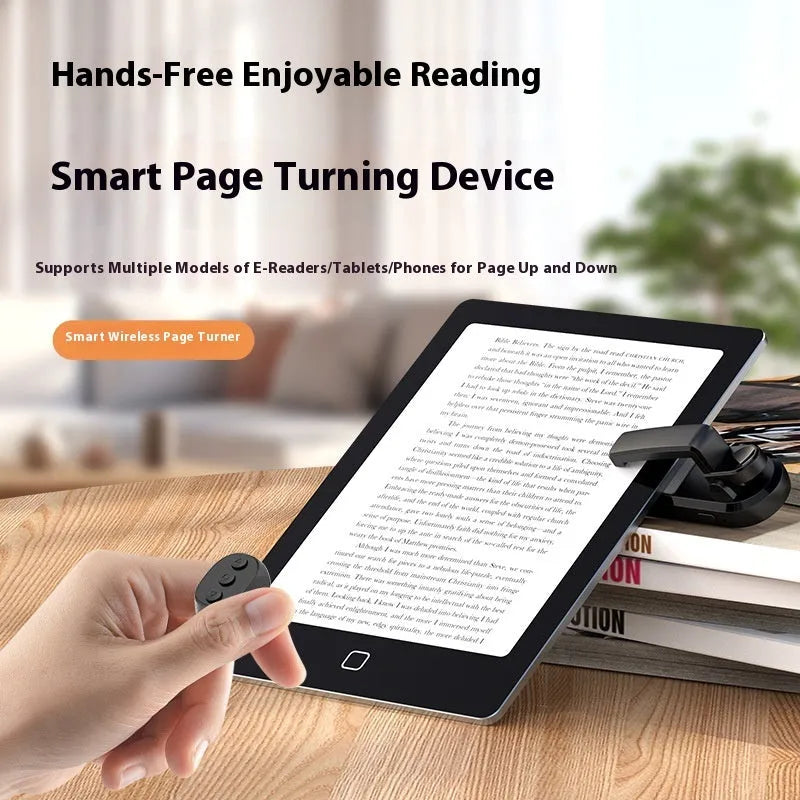 Smart wireless page turner remote control with clicker, in black, white, or pink, for tablets and smartphones.