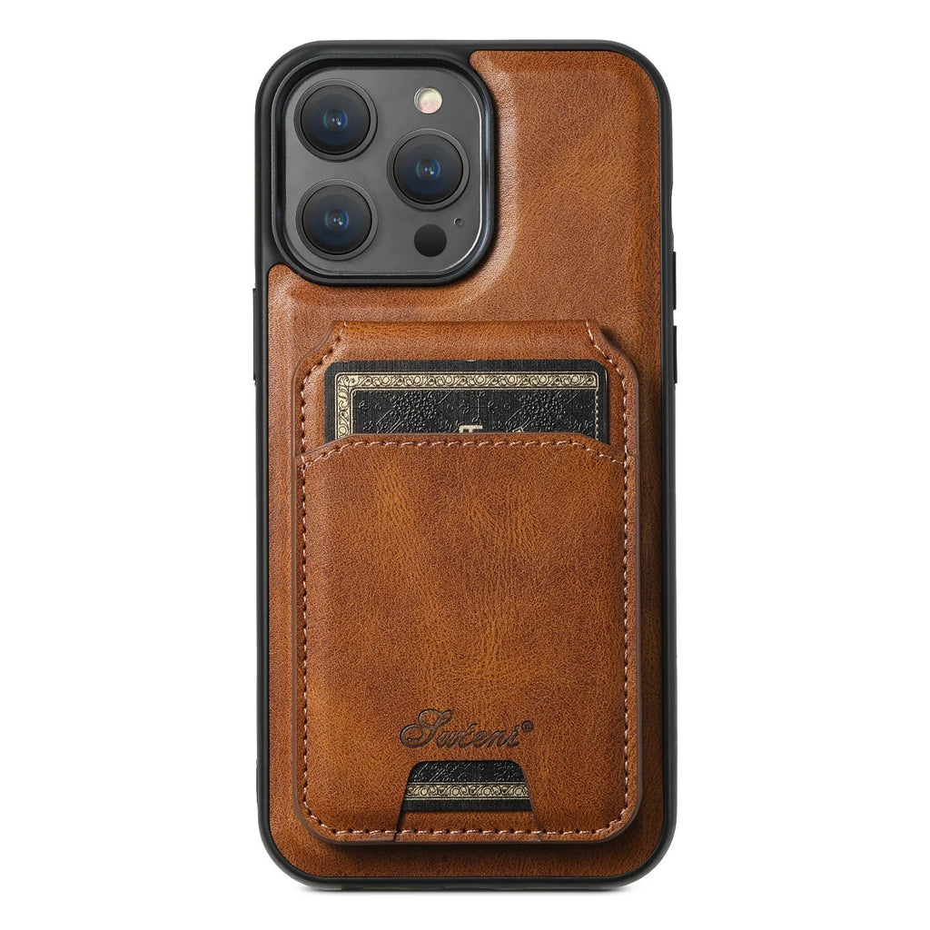Black magnetic card holder phone case for iPhone with bracket stand, PU TPU handmade finish