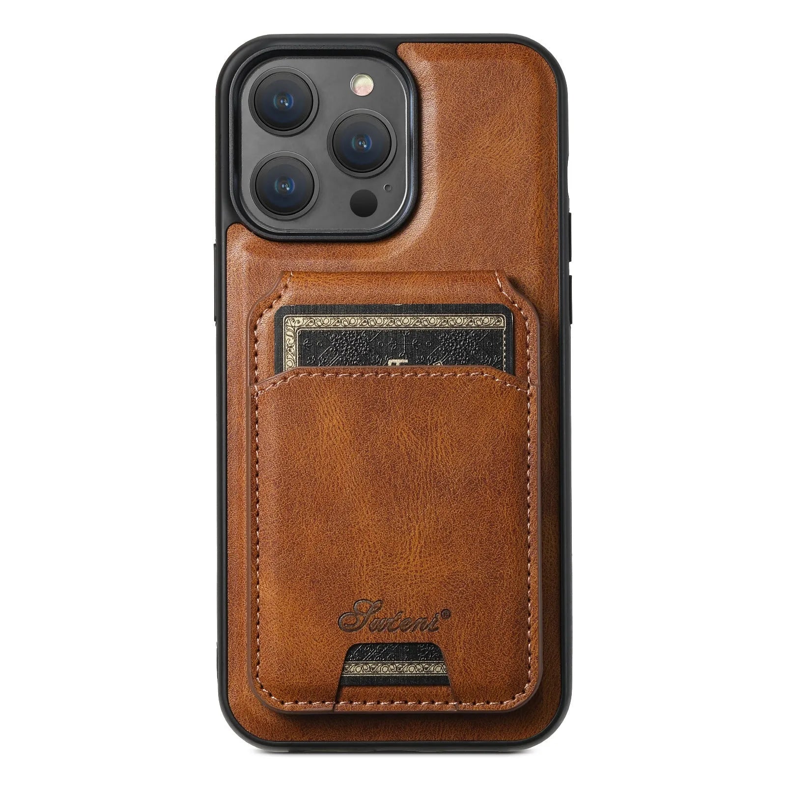 Black magnetic card holder phone case for iPhone with bracket stand, PU TPU handmade finish