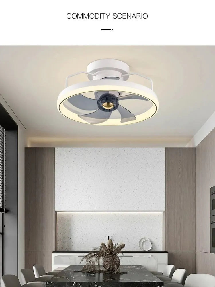 Modern white ceiling fan lamp with integrated light and five blades, mounted on a ceiling.