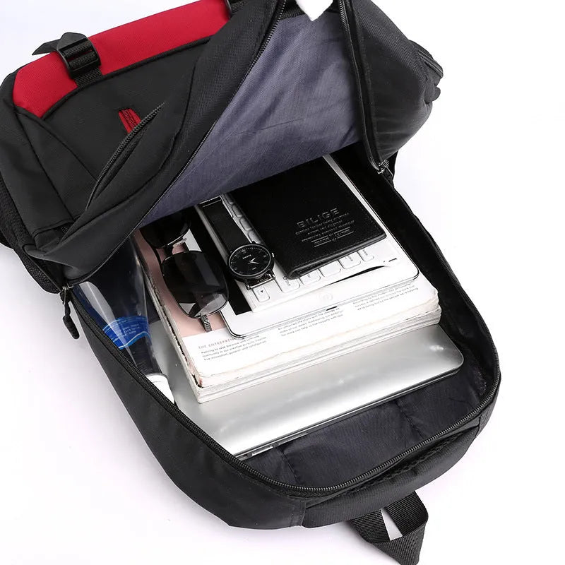 Black waterproof nylon high school backpack with airpillow straps, shown alongside red, blue, and gray colour options.
