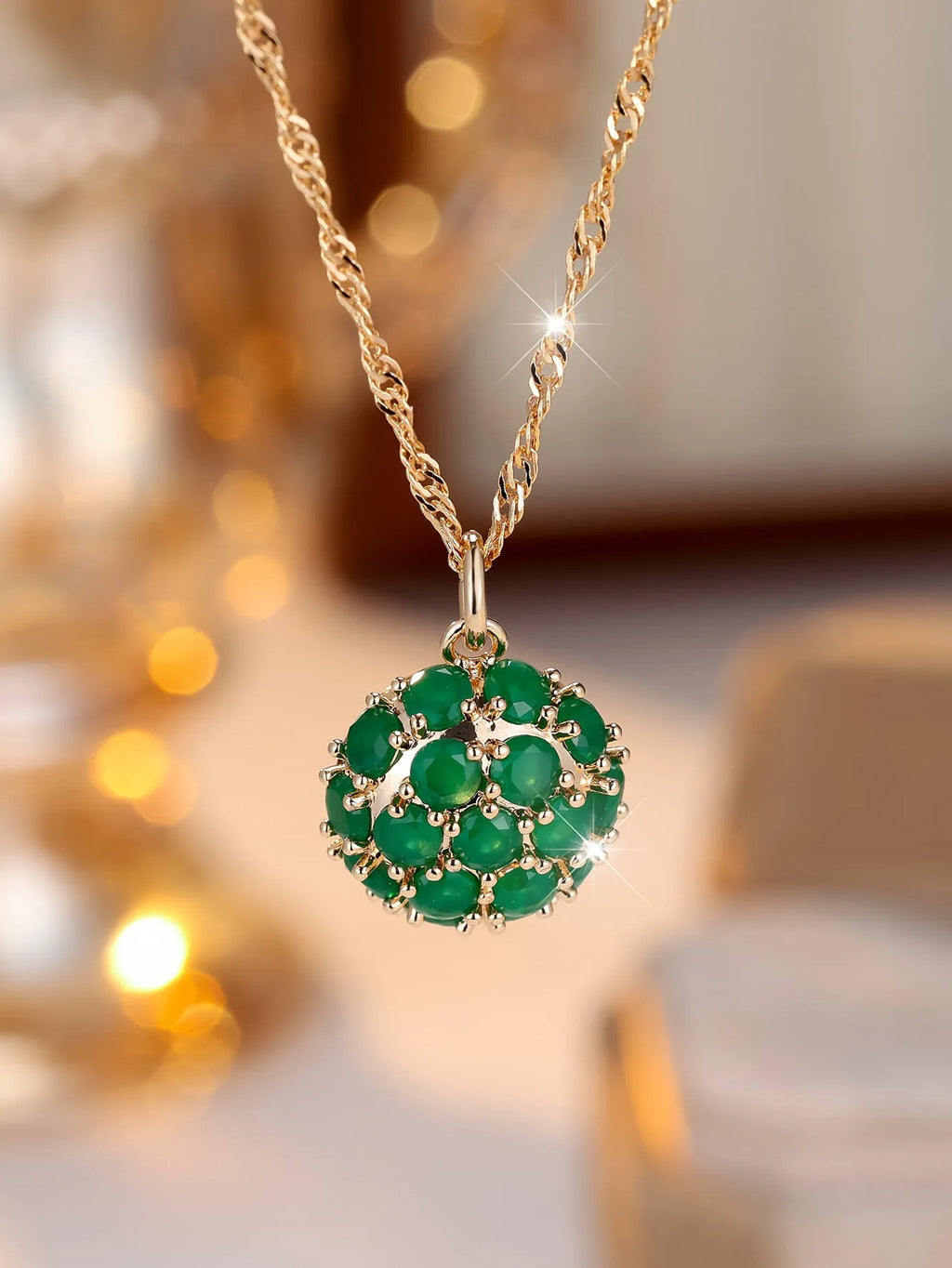 Women's round emerald diamond geometric pendant necklace with champagne gold chain