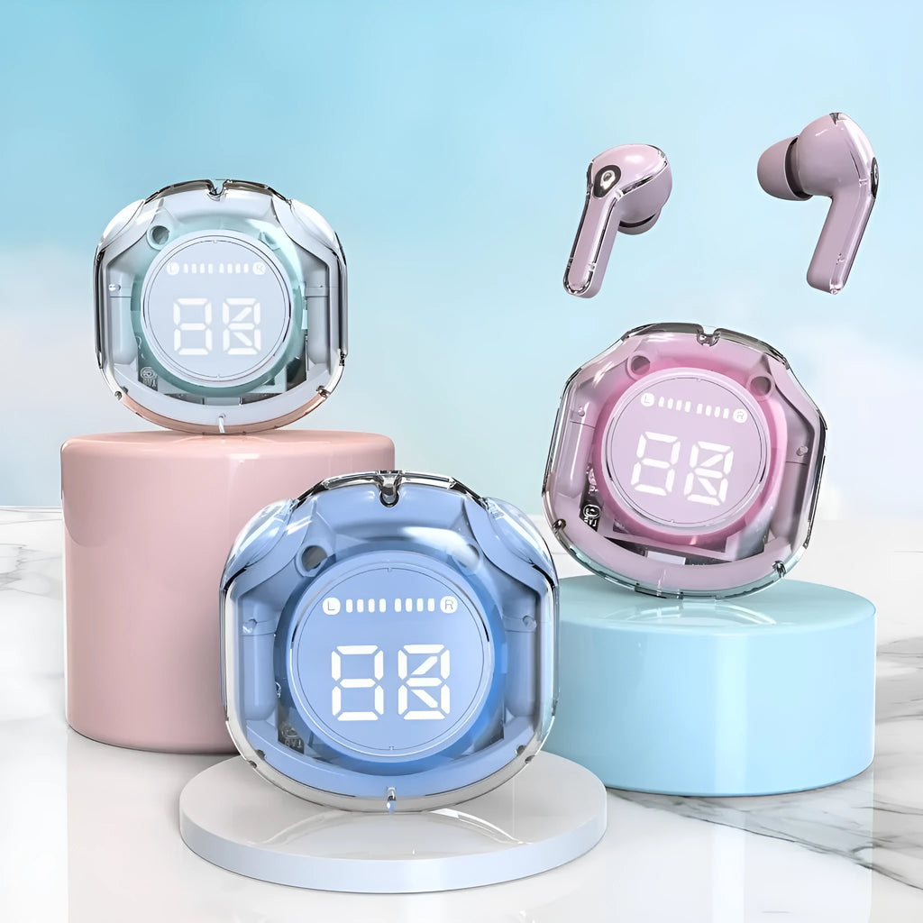Transparent-packaged wireless Bluetooth headset in white, black, pink, sky blue, or violet, showing in-ear design.